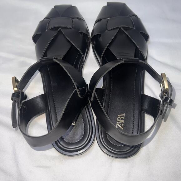 Zara Fisherman Sandals Size 39 (8) Black Gladiator Leather Caged Toe Flat Casual - Picture 5 of 10